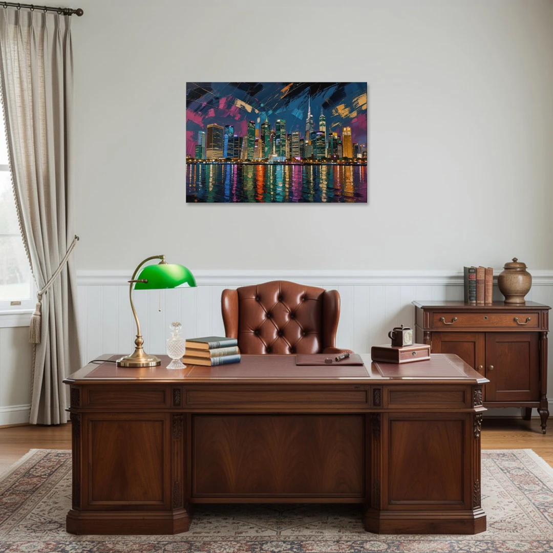 City at Night Painting Along the River - Canvas Wall Art - Office - 36x24
