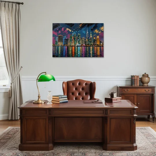 City at Night Painting Along the River - Canvas Wall Art - Office - 36x24