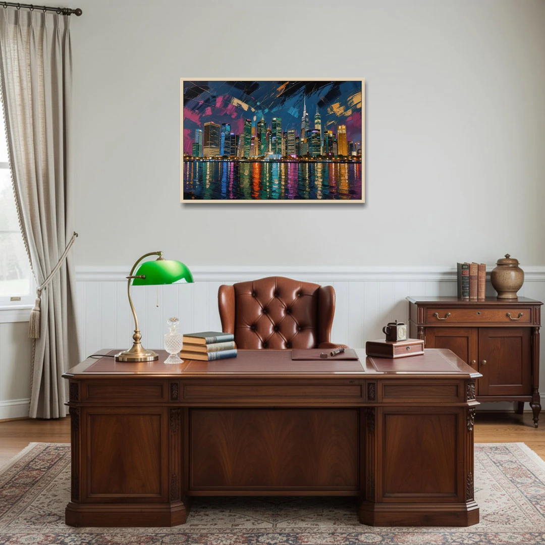 City at Night Painting Along the River - Oak Framed Canvas Wall Art - Office - 36x24