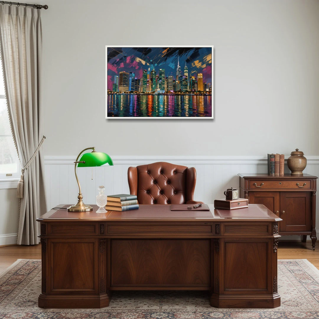 City at Night Painting Along the River - White Framed Canvas Wall Art - Office - 36x24