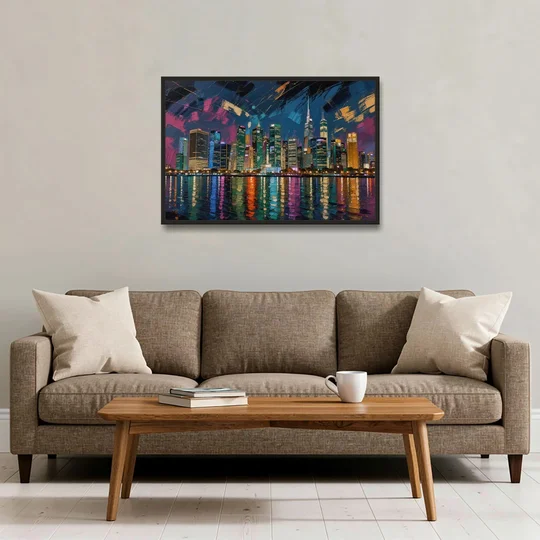 City at Night Painting Along the River - Black Framed Canvas Wall Art - Sofa - 36x24