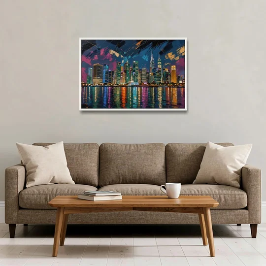 City at Night Painting Along the River - White Framed Canvas Wall Art - Sofa - 36x24