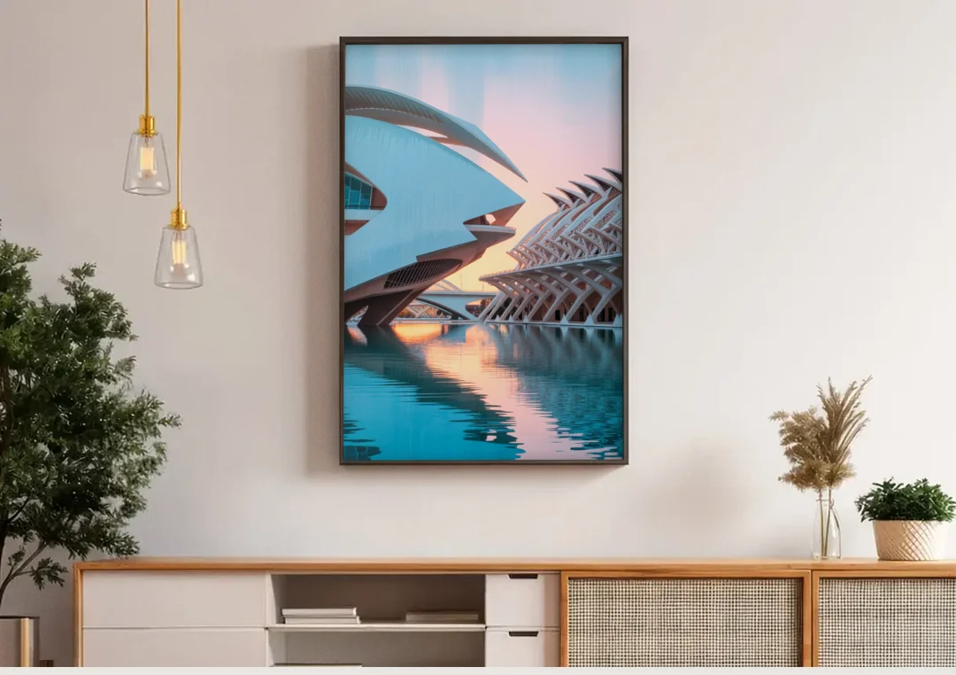 City of Arts and Sciences canvas wall art above a wooden sideboard under pendant lights