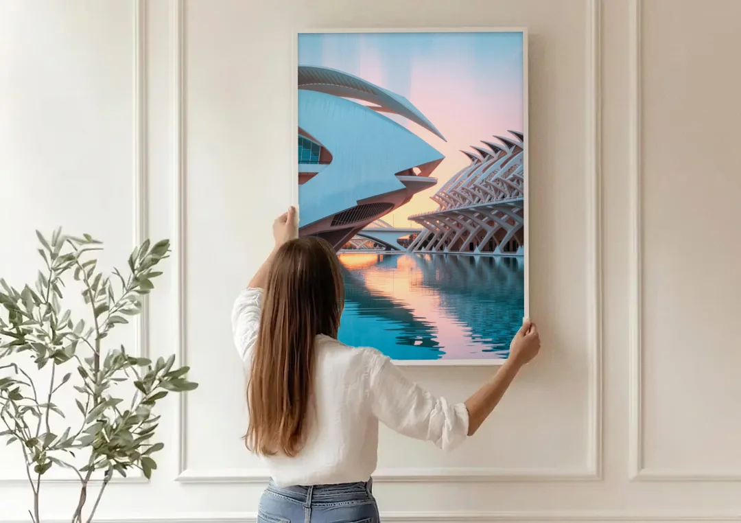 City of Arts and Sciences canvas wall art being hung on a paneled wall