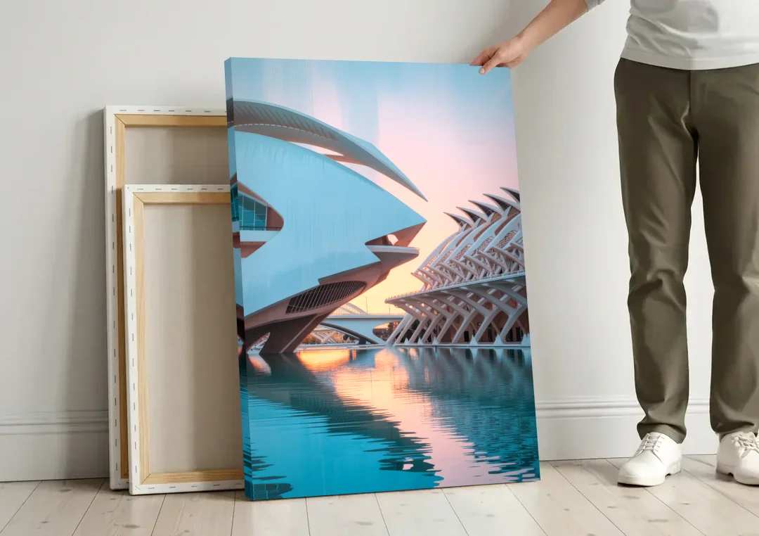 City of Arts and Sciences canvas wall art leaning against a wall next to blank canvases