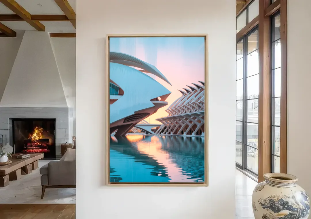 City of Arts and Sciences canvas wall art in a living room with a fireplace