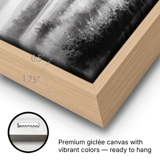 Classic Black and White Buffalo - Oak Framed Canvas Wall Art - Gallery Wrap Corner