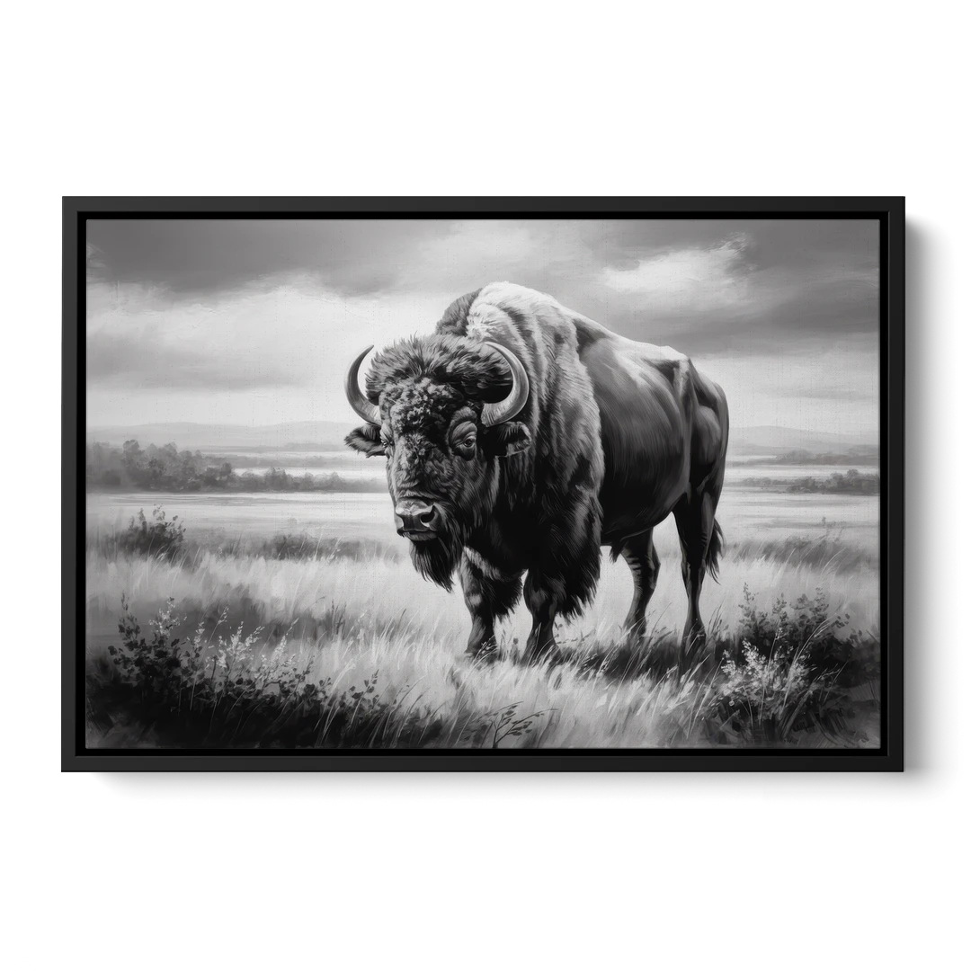 Classic Black and White Buffalo - Black Framed Canvas Wall Art - Front