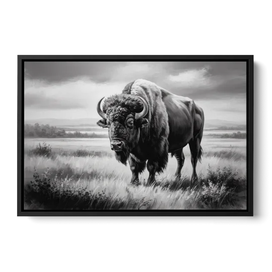 Classic Black and White Buffalo - Black Framed Canvas Wall Art - Front