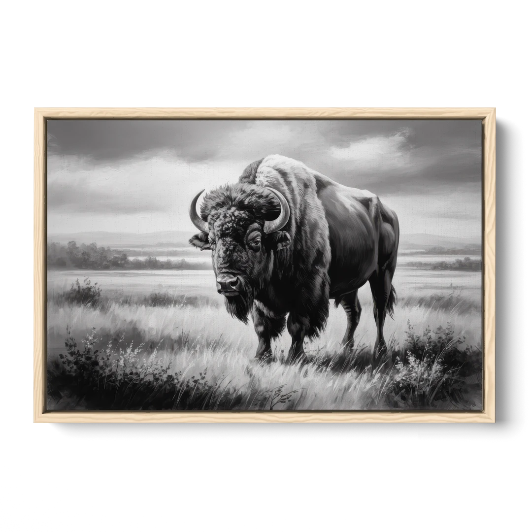 Classic Black and White Buffalo - Oak Framed Canvas Wall Art - Front