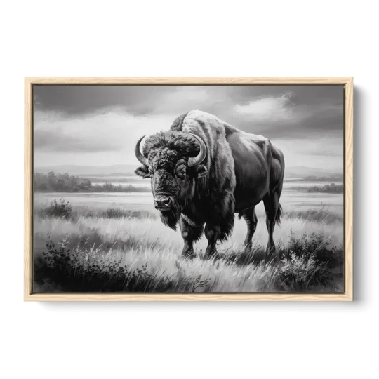 Classic Black and White Buffalo - Oak Framed Canvas Wall Art - Front