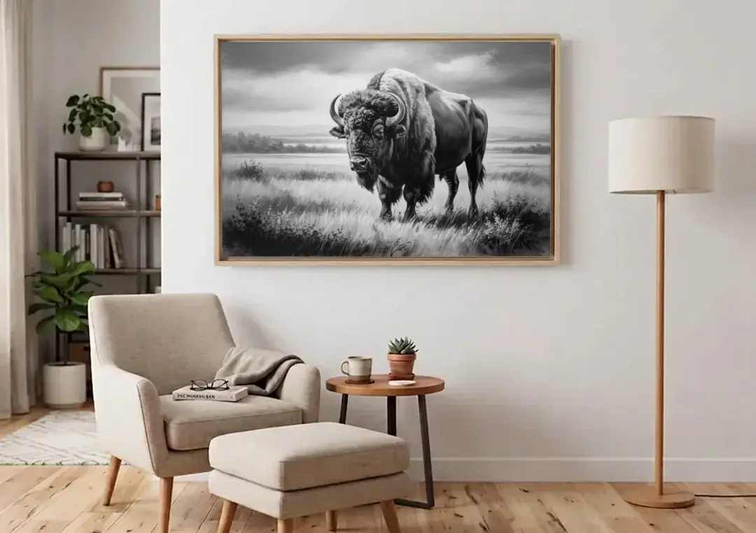 Classic Black and White Buffalo canvas wall art above an armchair in a bright living room