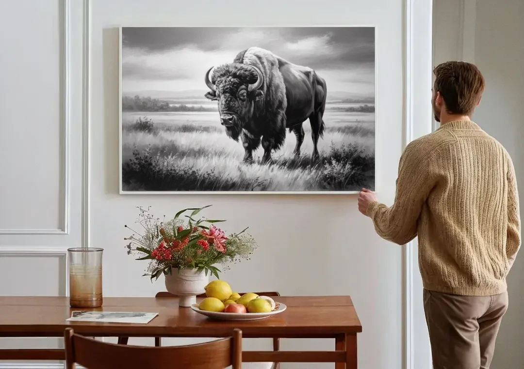 Classic Black and White Buffalo canvas wall art above a dining table