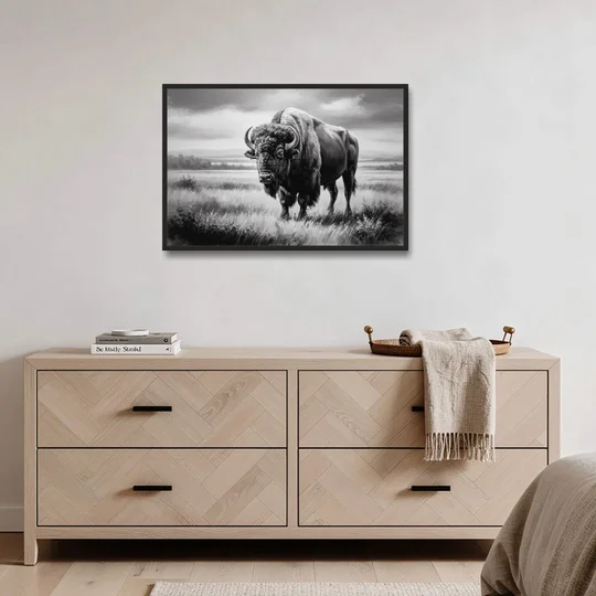 Classic Black and White Buffalo - Black Framed Canvas Wall Art - Coffee Table - 36x24