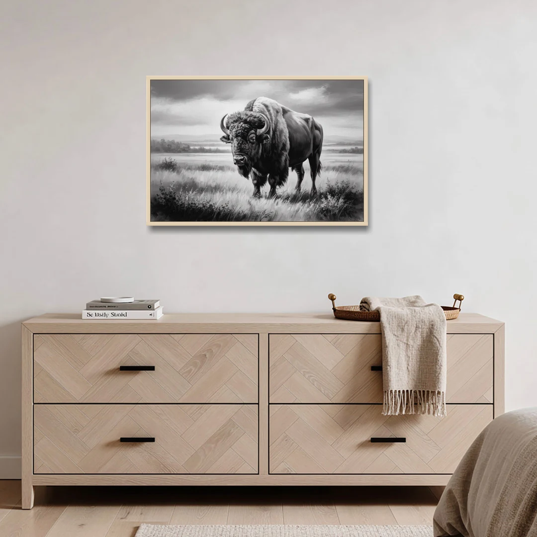 Classic Black and White Buffalo - Oak Framed Canvas Wall Art - Coffee Table - 36x24