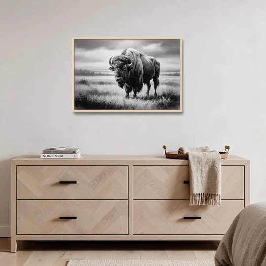 Classic Black and White Buffalo - Oak Framed Canvas Wall Art - Coffee Table - 36x24