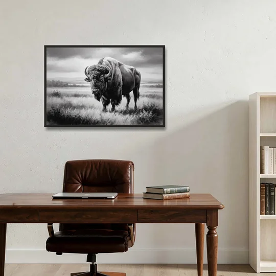 Classic Black and White Buffalo - Black Framed Canvas Wall Art - Office - 36x24