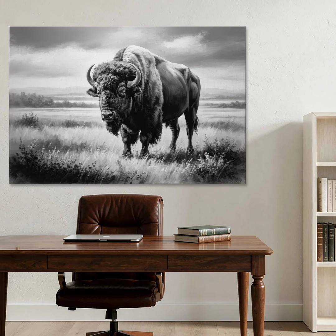 Classic Black and White Buffalo - Canvas Wall Art - Office - 60x40