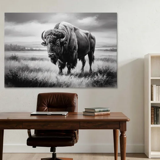 Classic Black and White Buffalo - Canvas Wall Art - Office - 60x40