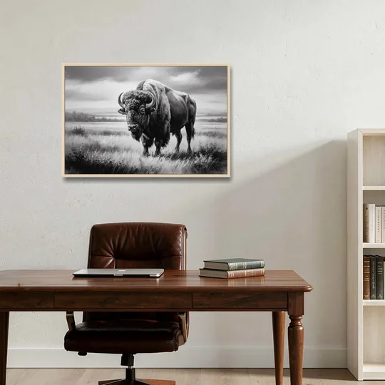 Classic Black and White Buffalo - Oak Framed Canvas Wall Art - Office - 36x24