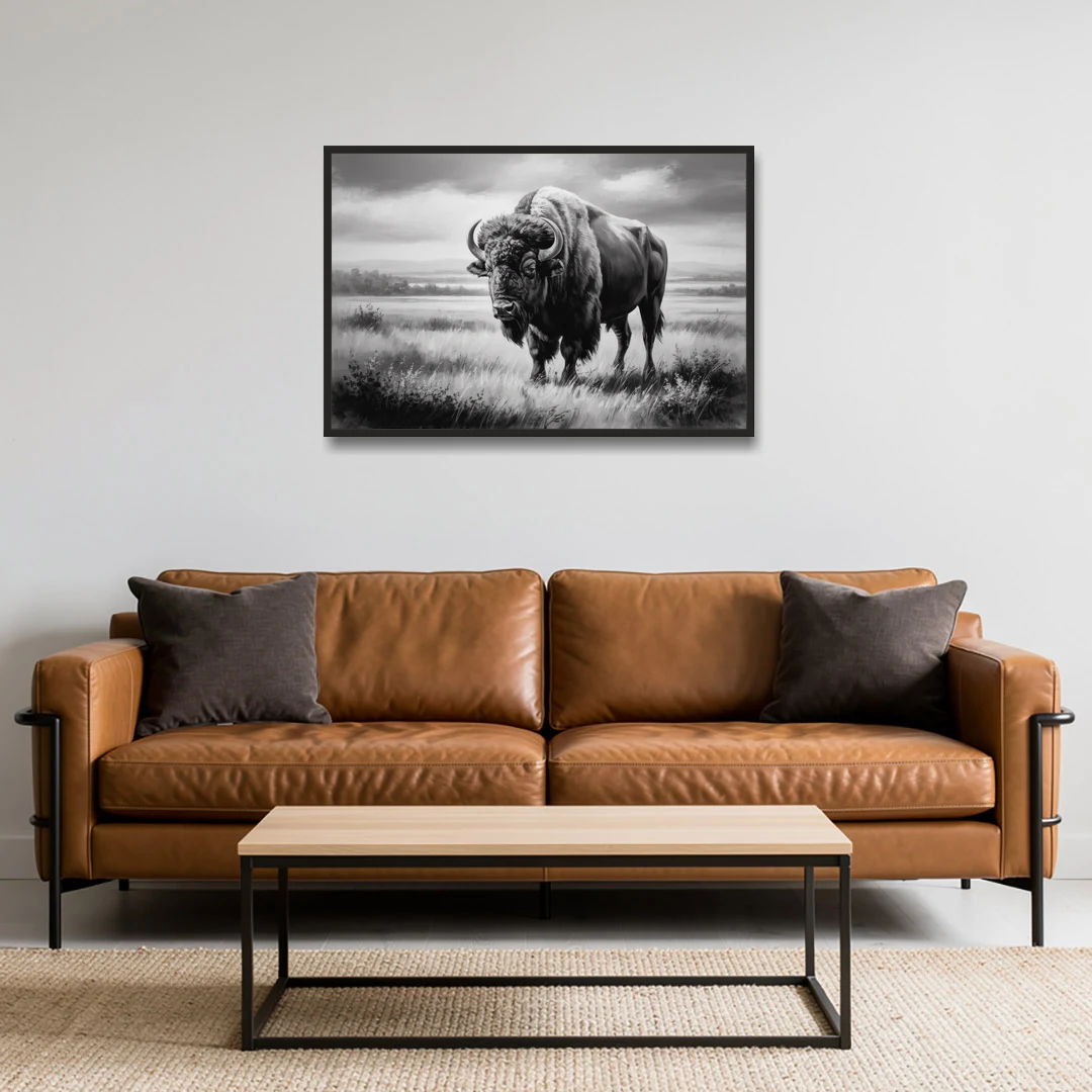 Classic Black and White Buffalo - Black Framed Canvas Wall Art - Sofa - 36x24