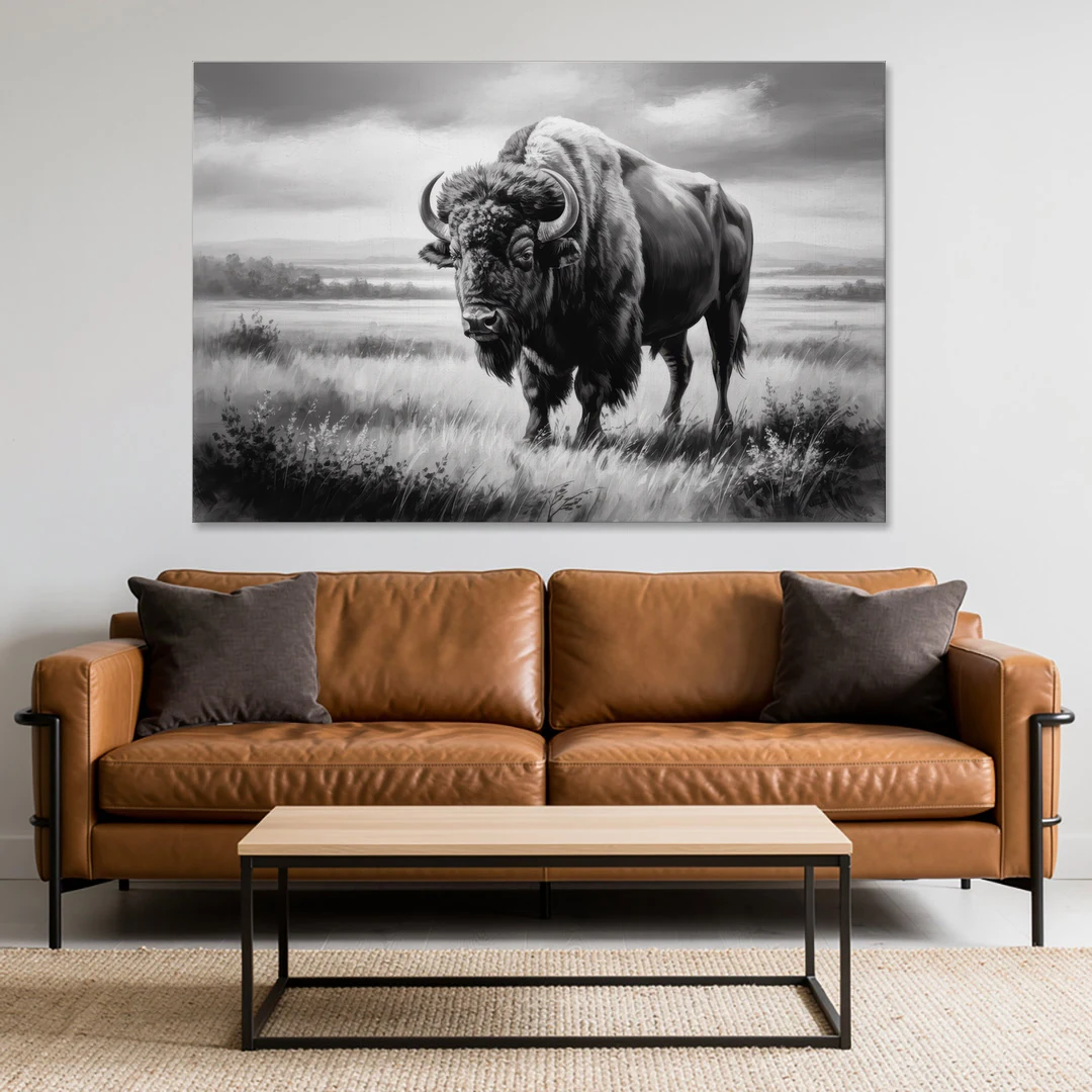 Classic Black and White Buffalo - Canvas Wall Art - Sofa - 60x40
