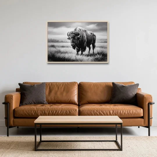 Classic Black and White Buffalo - Oak Framed Canvas Wall Art - Sofa - 36x24