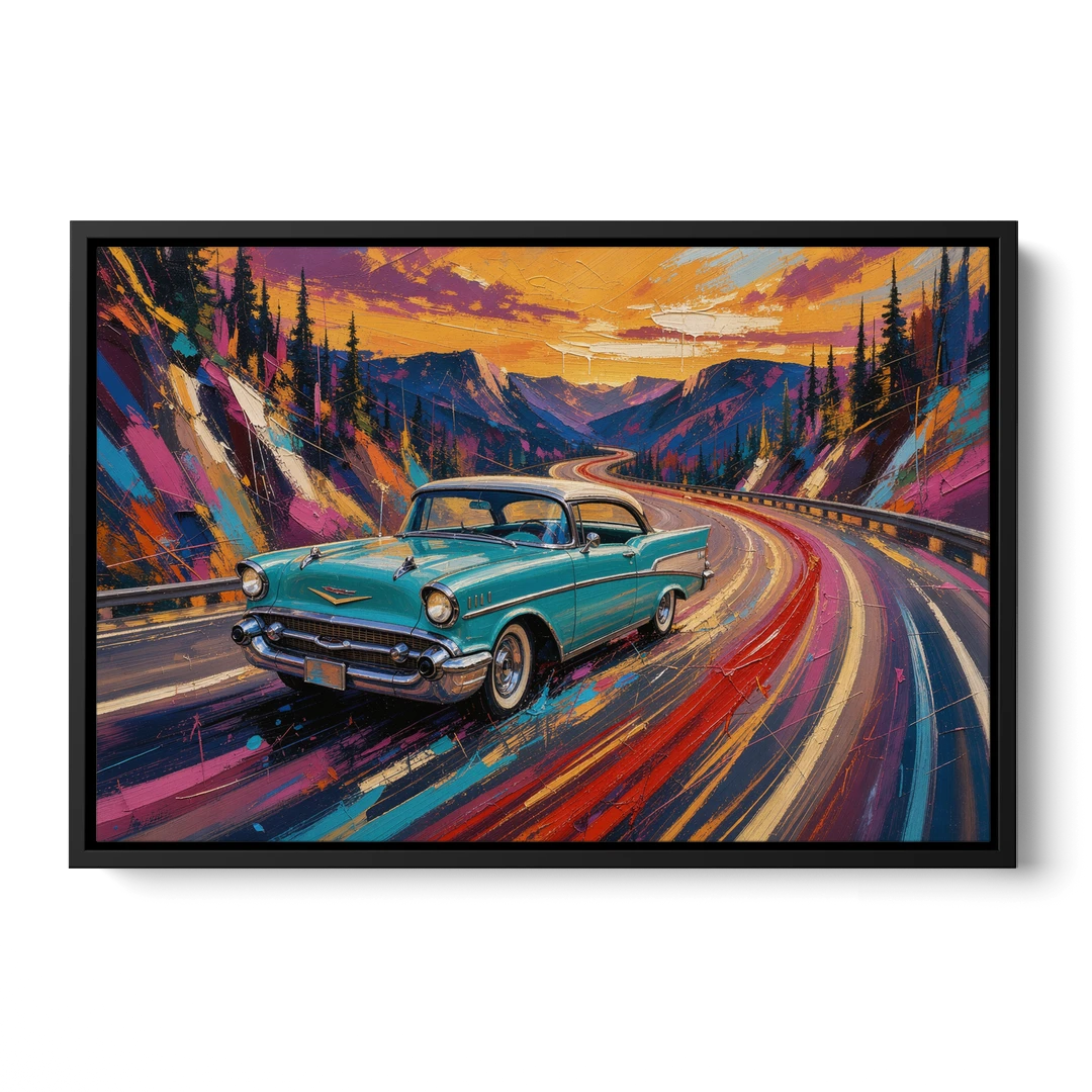 Classic Car Prints Coupe on a Mountain Curve - Black Framed Canvas Wall Art - Front
