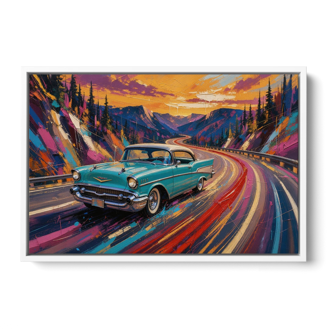 Classic Car Prints Coupe on a Mountain Curve - White Framed Canvas Wall Art - Front