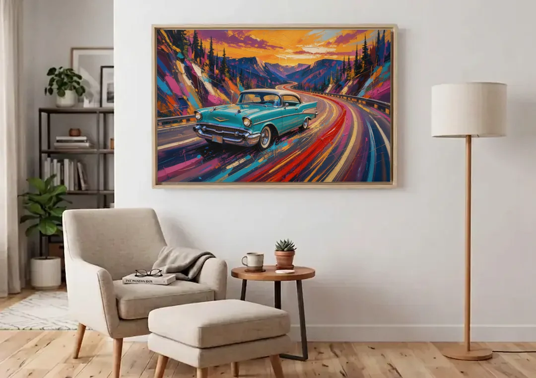 Classic Car Prints Coupe on a Mountain Curve canvas wall art above an armchair in a bright living room