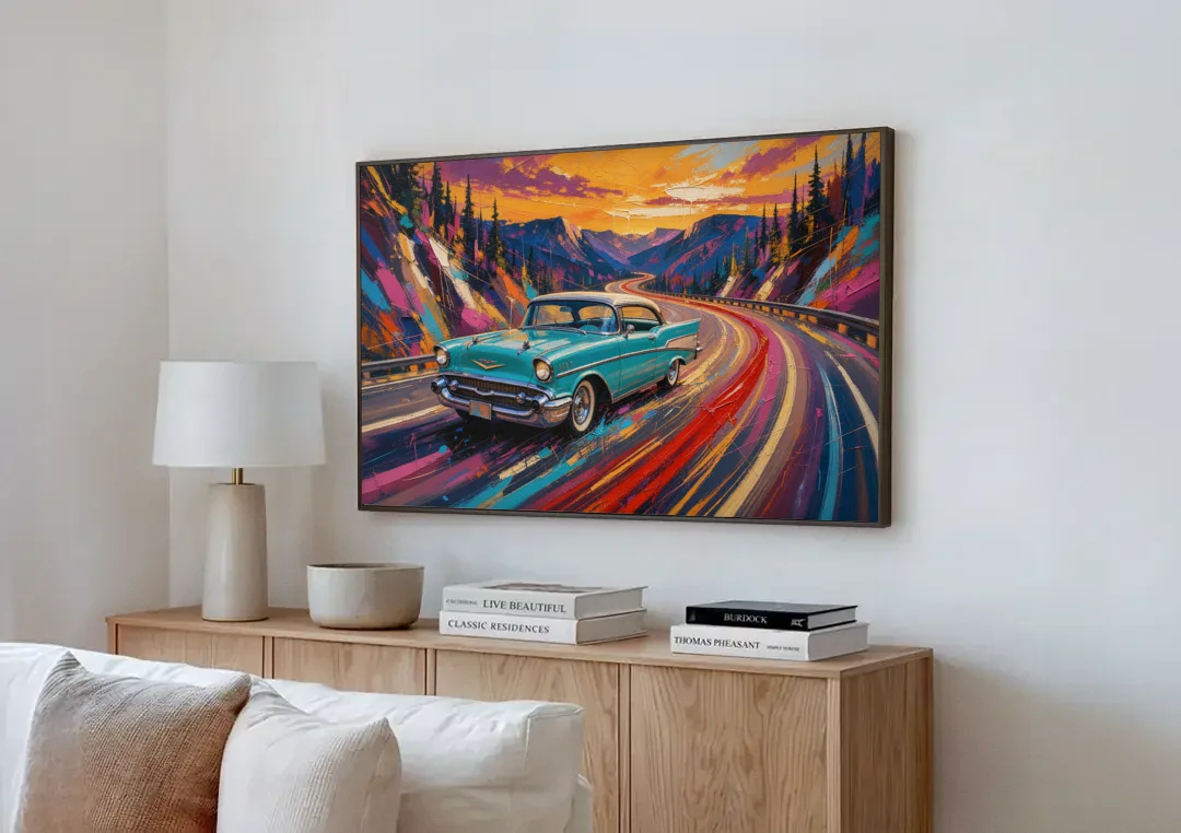 Classic Car Prints Coupe on a Mountain Curve canvas wall art above a wooden sideboard next to a sofa