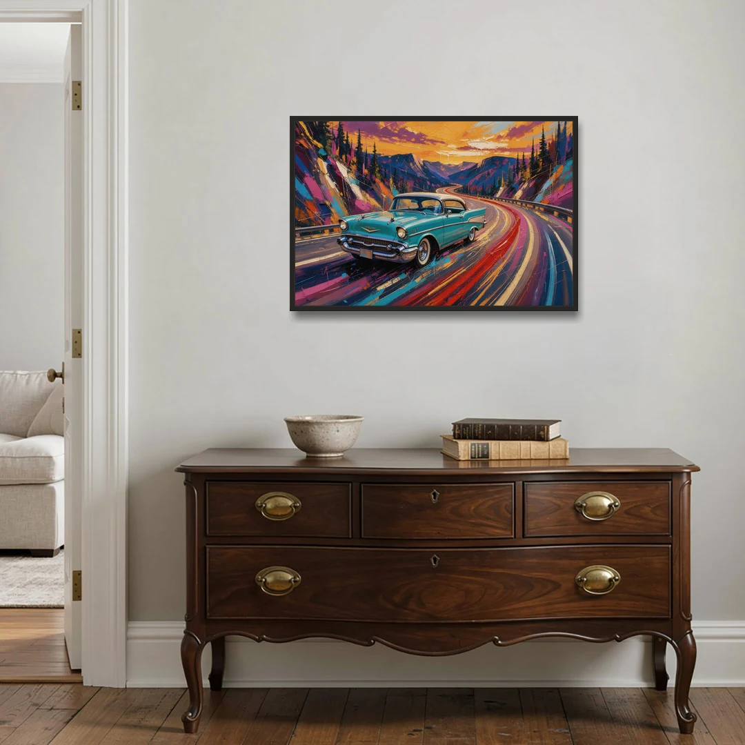 Classic Car Prints Coupe on a Mountain Curve - Black Framed Canvas Wall Art - Coffee Table - 36x24