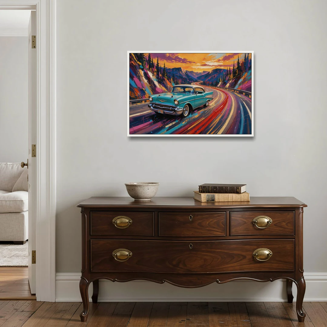 Classic Car Prints Coupe on a Mountain Curve - White Framed Canvas Wall Art - Coffee Table - 36x24