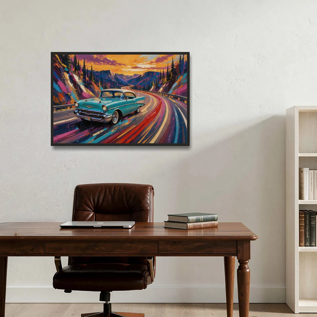 Classic Car Prints Coupe on a Mountain Curve - Black Framed Canvas Wall Art - Office - 36x24