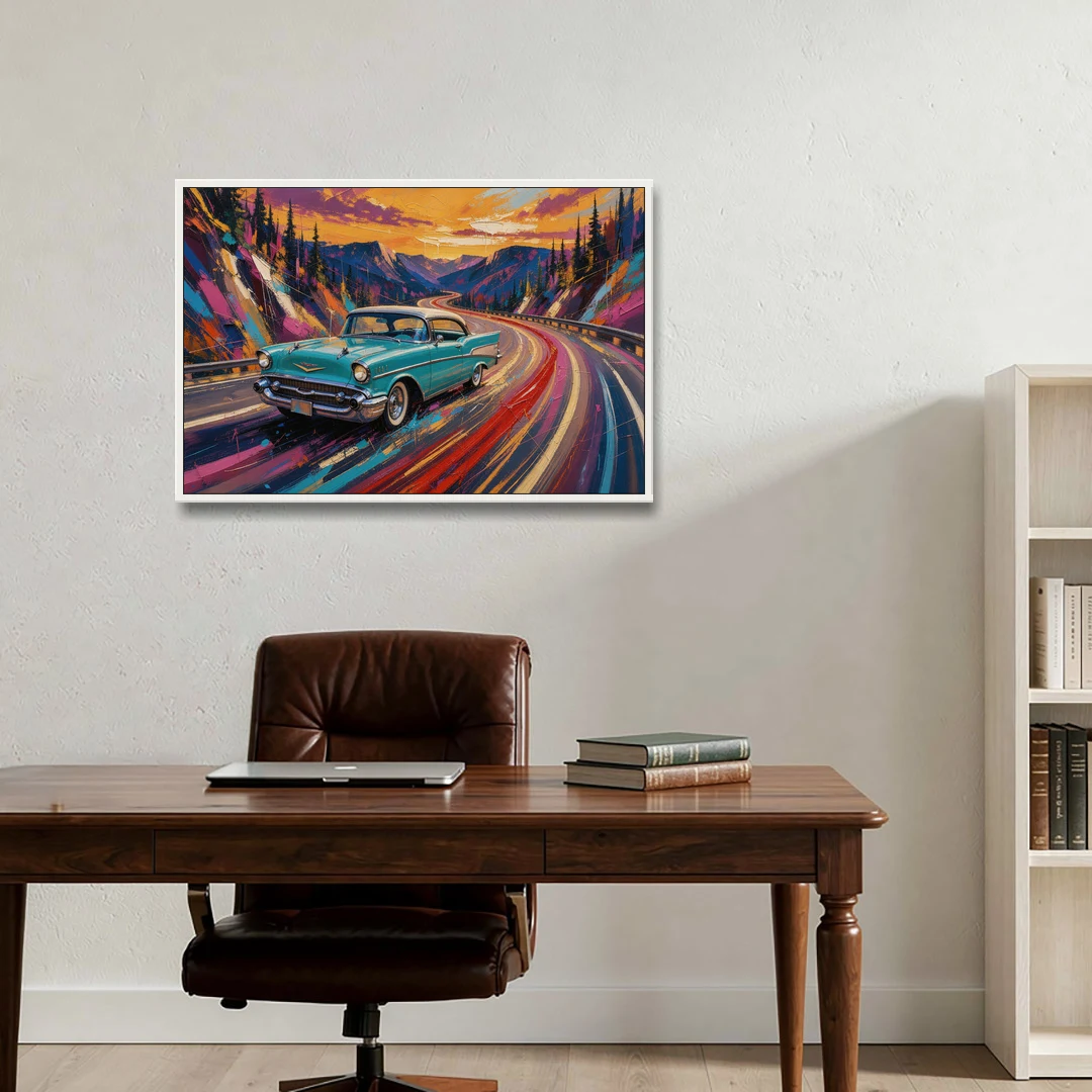 Classic Car Prints Coupe on a Mountain Curve - White Framed Canvas Wall Art - Office - 36x24