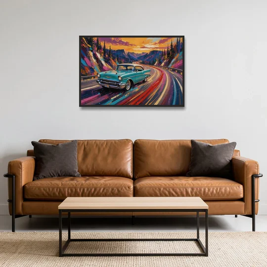 Classic Car Prints Coupe on a Mountain Curve - Black Framed Canvas Wall Art - Sofa - 36x24