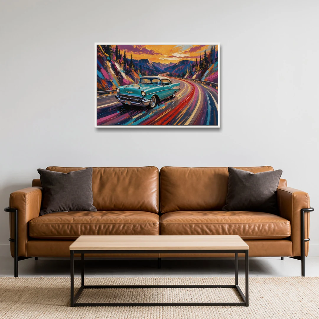 Classic Car Prints Coupe on a Mountain Curve - White Framed Canvas Wall Art - Sofa - 36x24