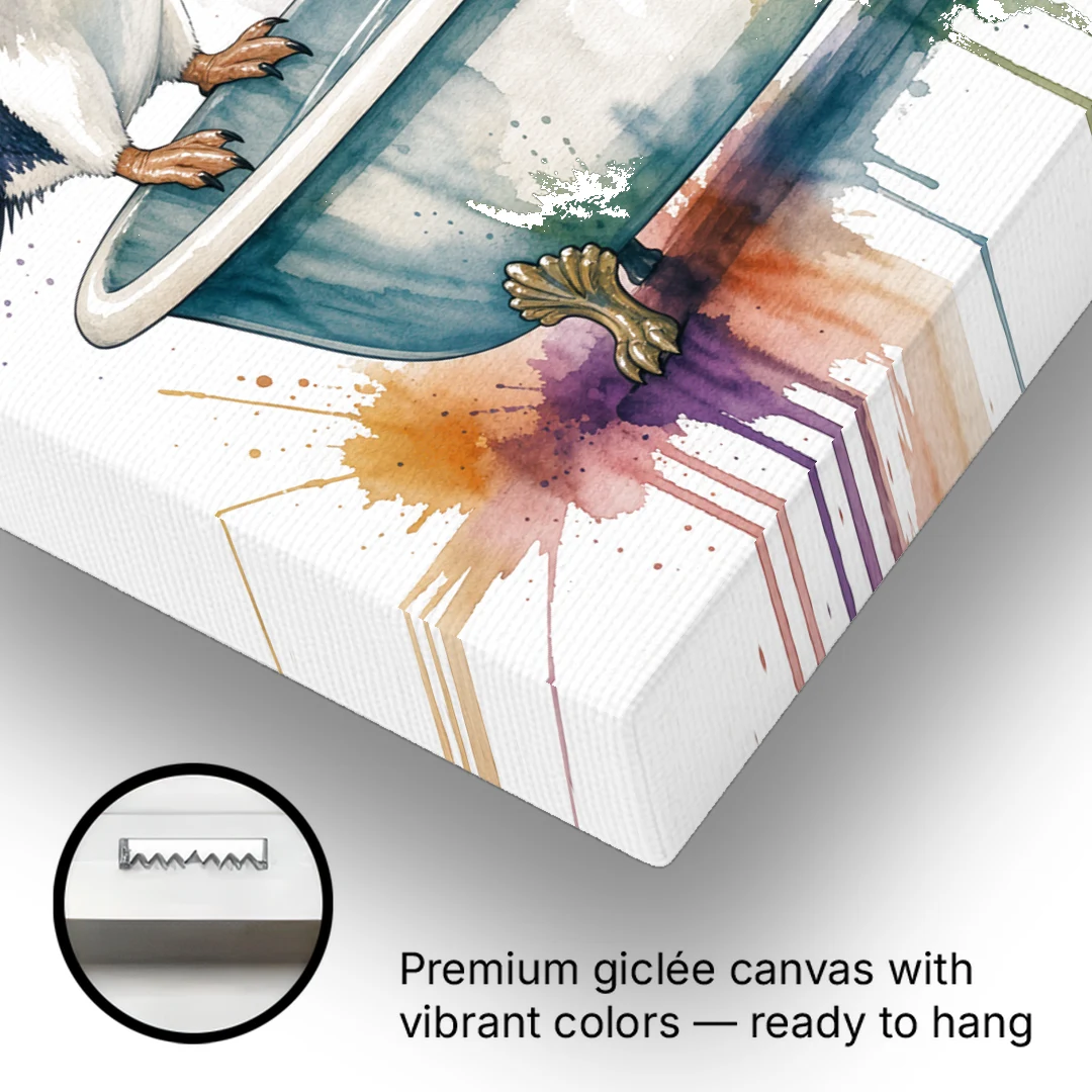 Clawfoot Tub Wall Art Penguin Ready to Dive - Canvas Wall Art - Gallery Wrap Corner