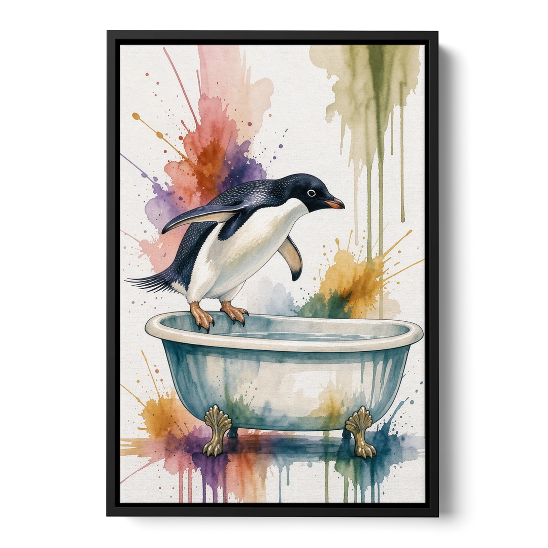 Clawfoot Tub Wall Art Penguin Ready to Dive - Black Framed Canvas Wall Art - Front