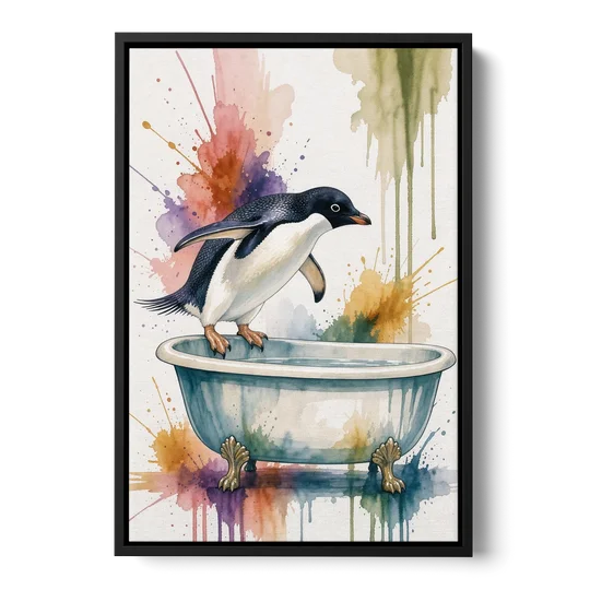 Clawfoot Tub Wall Art Penguin Ready to Dive - Black Framed Canvas Wall Art - Front