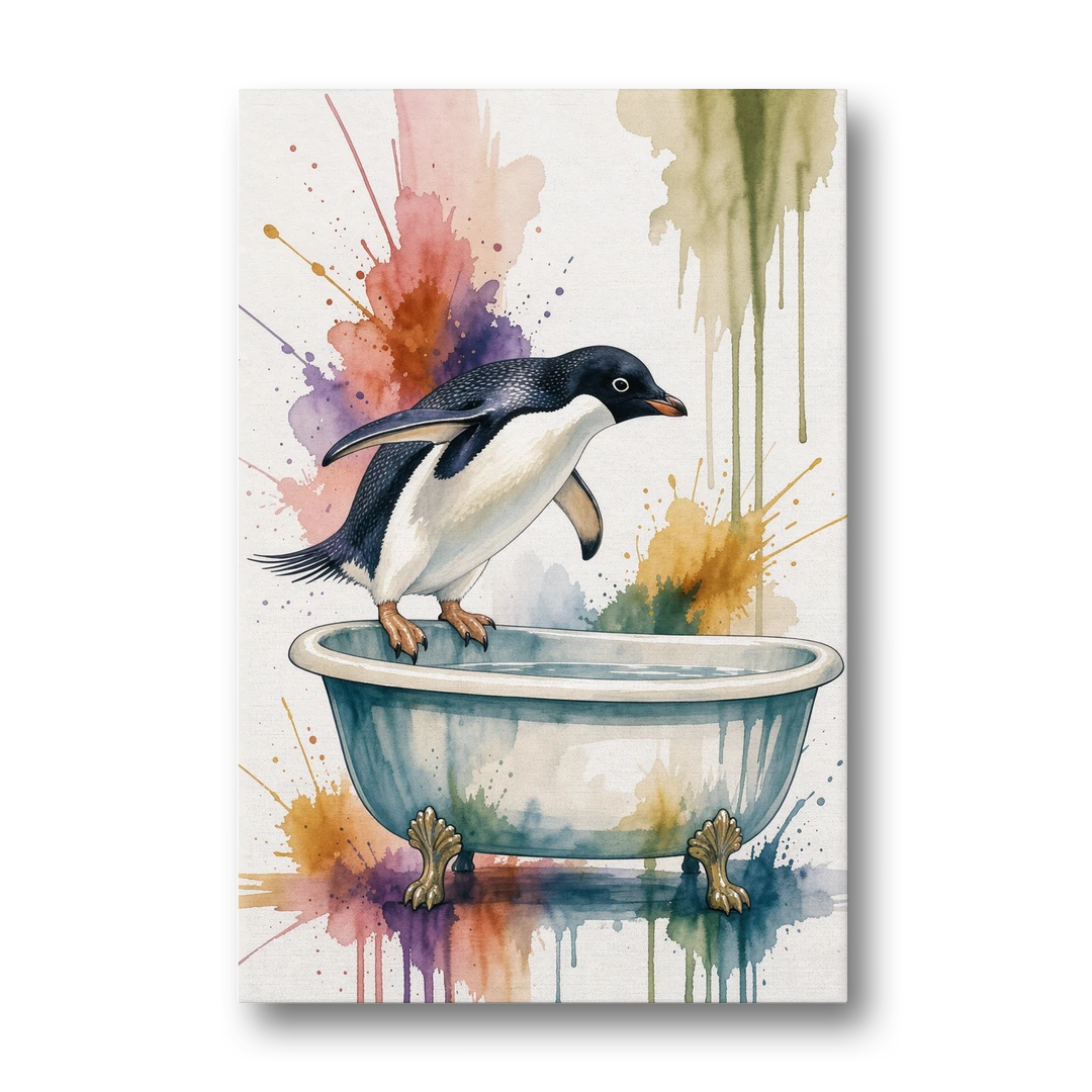 Clawfoot Tub Wall Art Penguin Ready to Dive - Canvas Wall Art - Front