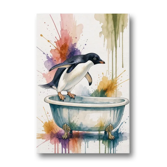 Clawfoot Tub Wall Art Penguin Ready to Dive - Canvas Wall Art - Front