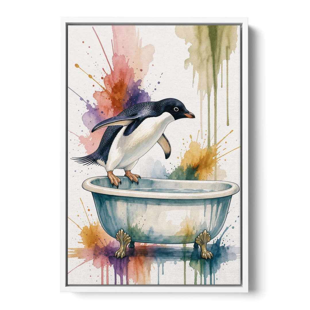 Clawfoot Tub Wall Art Penguin Ready to Dive - White Framed Canvas Wall Art - Front