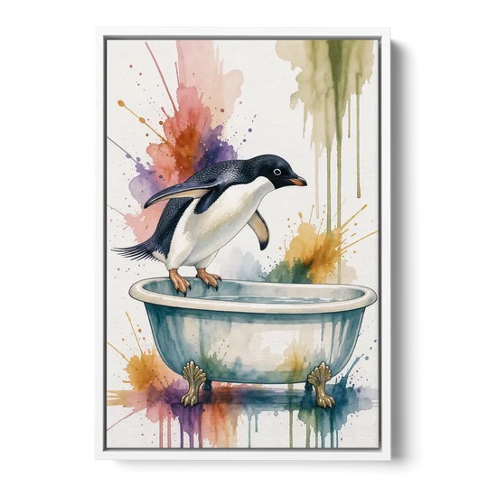 Clawfoot Tub Wall Art Penguin Ready to Dive - White Framed Canvas Wall Art - Front