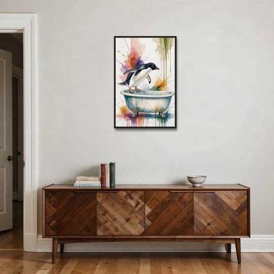 Clawfoot Tub Wall Art Penguin Ready to Dive - Black Framed Canvas Wall Art - Coffee Table - 24x36
