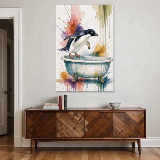 Clawfoot Tub Wall Art Penguin Ready to Dive - Canvas Wall Art - Coffee Table - 40x60