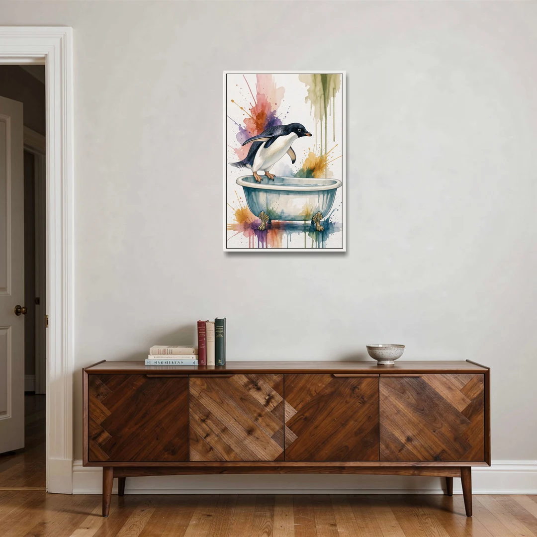 Clawfoot Tub Wall Art Penguin Ready to Dive - White Framed Canvas Wall Art - Coffee Table - 24x36