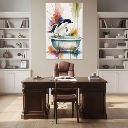 Clawfoot Tub Wall Art Penguin Ready to Dive - Canvas Wall Art - Office - 40x60