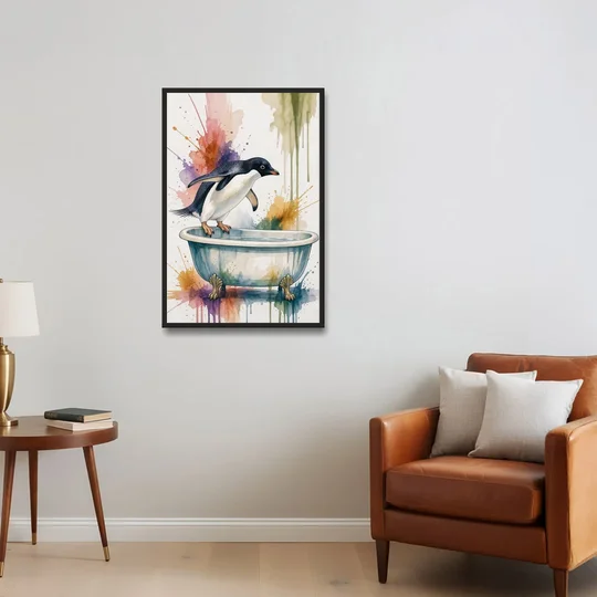 Clawfoot Tub Wall Art Penguin Ready to Dive - Black Framed Canvas Wall Art - Sofa - 24x36