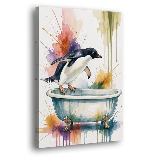 Clawfoot Tub Wall Art Penguin Ready to Dive - Canvas Wall Art - Side
